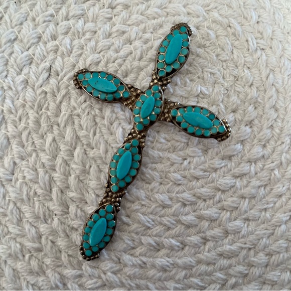 Large N Dishta Zuni Turquoise Cross Pendant Sterling Silver Inlay Navajo NM Vtg - Picture 2 of 15